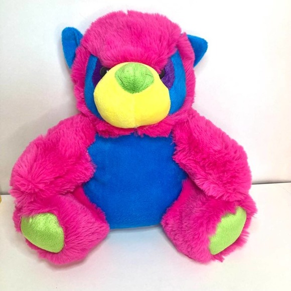 Colorful Soft Bear Pink Plush Blue Yellow Green Multicolor Sit Stuffed Animal - Picture 1 of 10